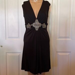 Black deep Vcut dress with metal and crystal detail at waist SM